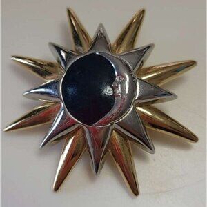 Liz Claiborne Celestial Sun Moon Brooch Sunburst Gold Silver Tone